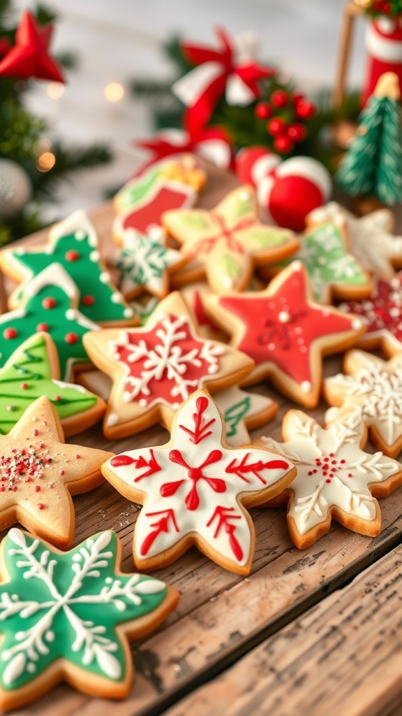 Christmas Sugar Cookies Recipe Decorated Christmas sugar cookies in star, tree, and snowflake shapes on a wooden table with holiday decorations.